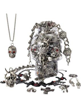 Gothic Mystery Jewelry Box - Spooky Skull, Bat & Cross Necklaces, Earrings